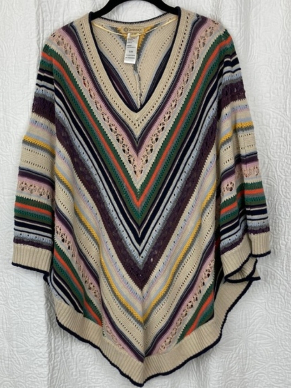 Democracy, Cream V‑Neck Striped Knit Poncho with Multicolor Accents